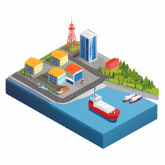 Isometric Illustration of a Busy Harbor with Cargo Ships and Industrial Buildings