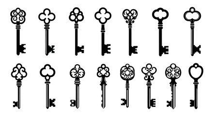 Collection of Ornate Antique Skeleton Keys, Black Silhouettes