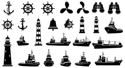 Collection of Nautical Silhouettes: Ships, Anchors, and Lighthouses. © tere