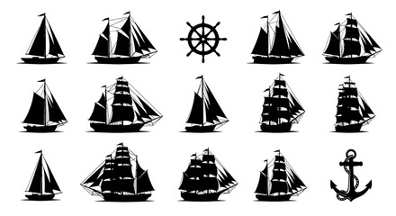 Collection of Vintage Sailboat and Ship Silhouettes