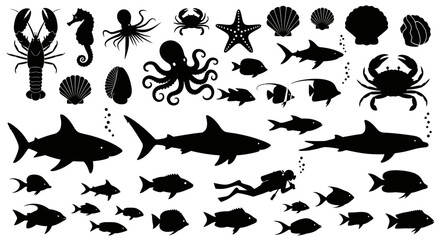 Naklejka premium Silhouetted Marine Life Collection Featuring Sharks, Fish, and Diver