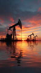 Obraz premium Silhouetted oil pumps against a vibrant sunset reflected in water