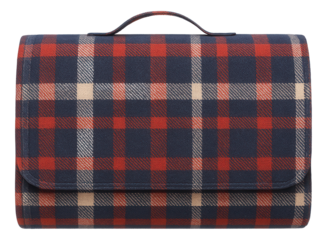 Checkered fabric cosmetic bag with red and blue plaid design and handle, on transparent background.