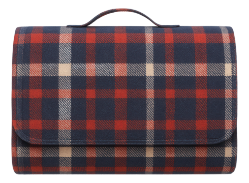 Checkered fabric cosmetic bag with red and blue plaid design and handle, on transparent background. - Powered by Adobe