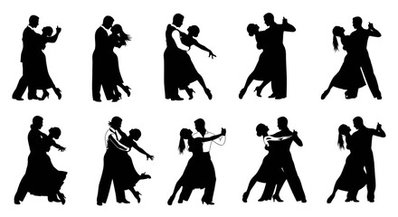 Obraz premium Silhouettes of couples dancing tango in various poses and styles