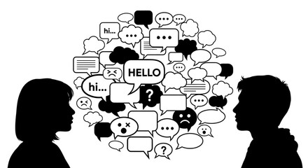 Silhouettes of a Young Man and Woman Facing Each Other, Surrounded by Speech Bubbles