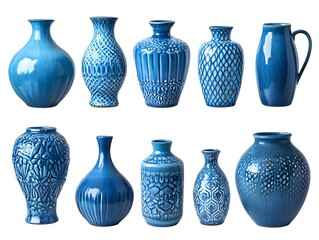 A collection of ten blue ceramic vases with different shapes and textures on a white background display art