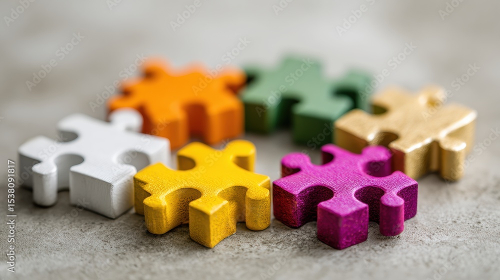 Poster Symbolic Teamwork Represented by Colorful Puzzle Pieces Coming Together to Form a Unified Whole in a Creative Collaboration Setting