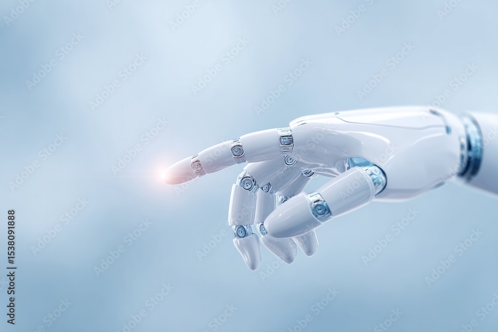 Poster sleek minimalistic robot hand reaching toward human hand with clear connection between technology an