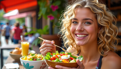 Cheerful woman eating fresh salad with vegetables and boiled egg outdoors, enjoying healthy meal and bright atmosphere
