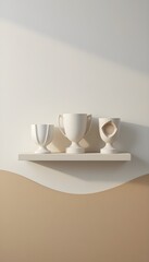 Fototapeta premium Minimalist Monochrome Ceramic Trophies on Floating Shelf