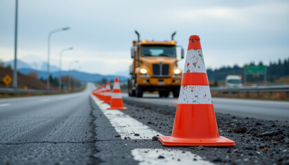 Traffic cone on road with truck in background during roadwork on highway