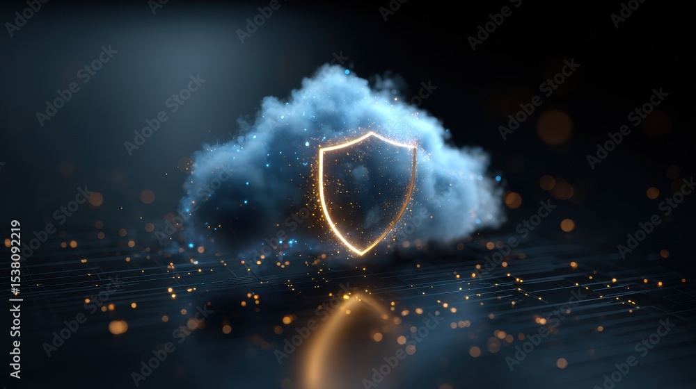 Poster Visual Representation of Vault-Style Cloud Storage Featuring Protective Shields and Glowing Elements