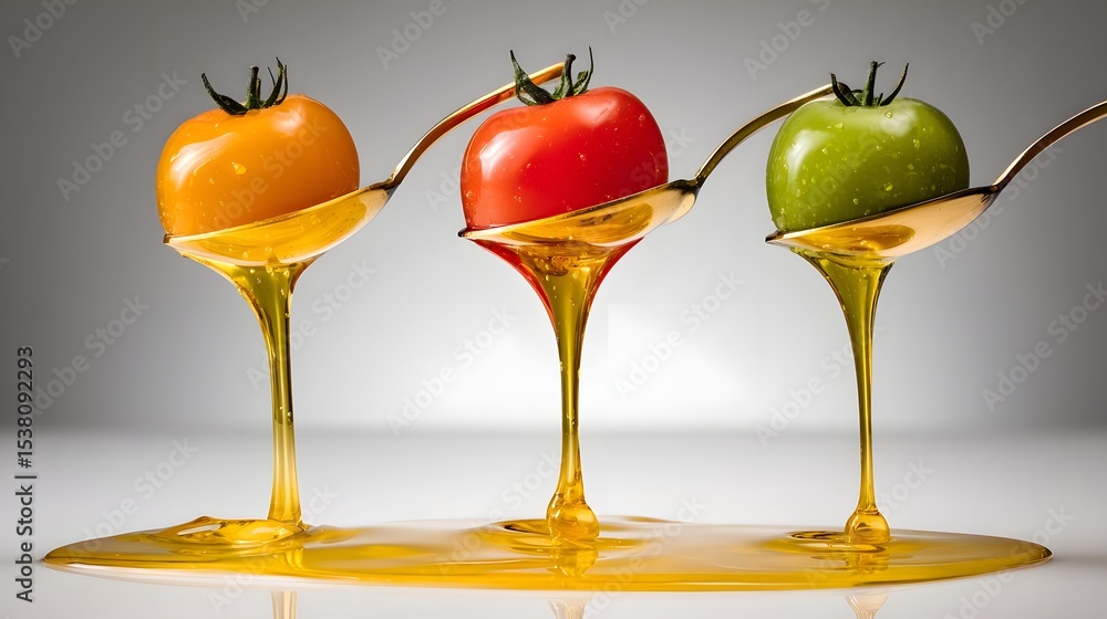 Poster three vibrant tomatoes in spoons dripping honey, showcasing freshness in a minimalist setting