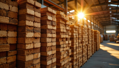 Stacked timber plank pile in warehouse with warm sunlight shining through, creating calm and productive atmosphere