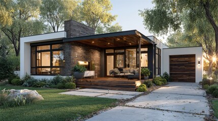 Obraz premium Modern Single-Story Home with Outdoor Living Space and Lush Greenery