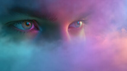 Surreal Visual of Eyes Floating Amid Vibrant Rainbow Fog Evoking Mystery and Wonder in an Ethereal Atmosphere