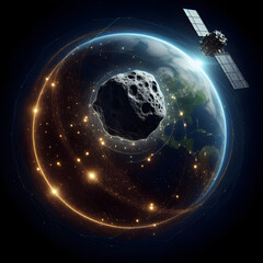 Asteroid passing by satellite orbiting Earth. International Asteroid Day