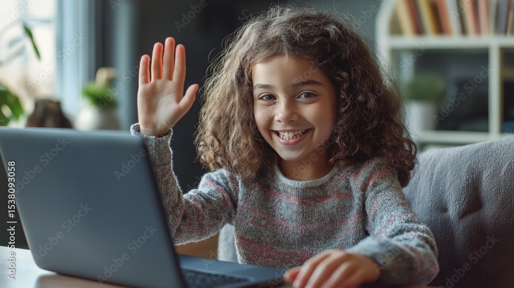 Aufkleber child smiling and waving hello while using a laptop at home in a cozy setting