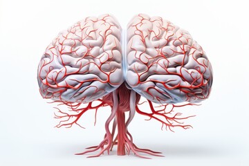 Detailed illustration of a human brain highlighting neural pathways and blood vessels