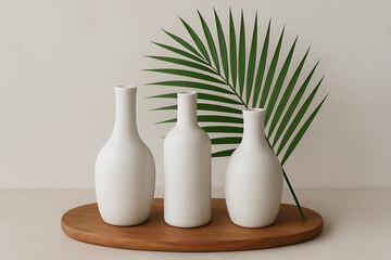 Minimalist ceramic vases with palm leaf decor