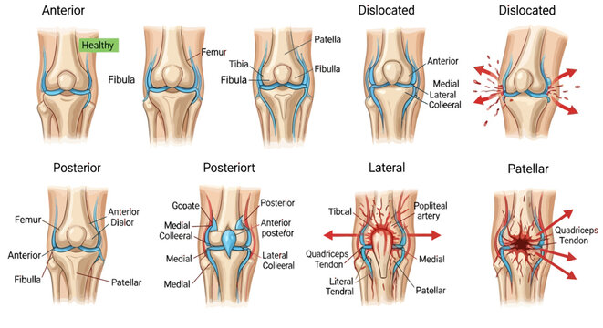 Human Knee Anatomy: Anterior, Posterior, Lateral, and Patellar Views