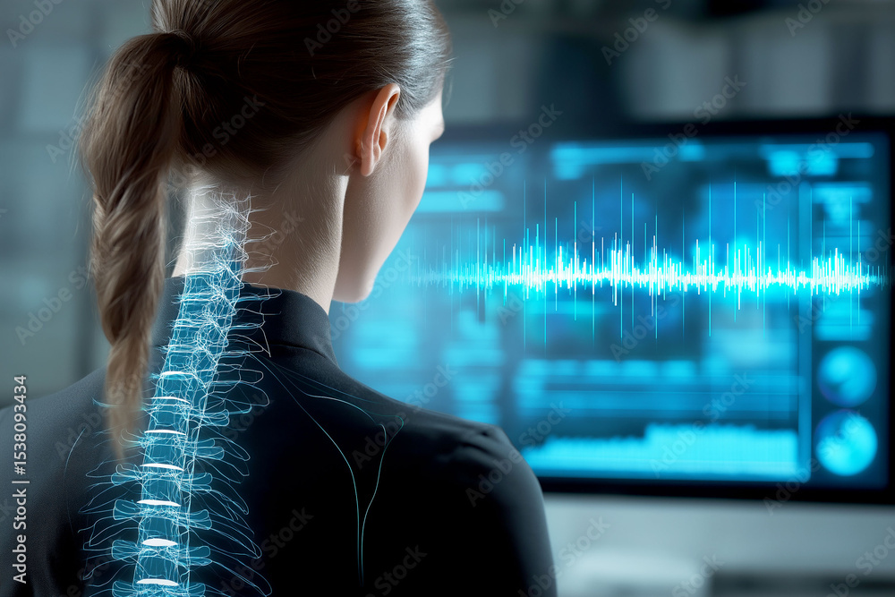 Poster biohacking self-optimization innovation. human spine posture feedback visualization overlay image.