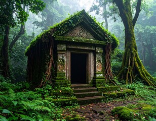 Traditional wooden Japanese temple architecture with a stone roof nestled in a summer forest garden