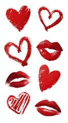 Red Hearts and Lipstick Kisses on White Background