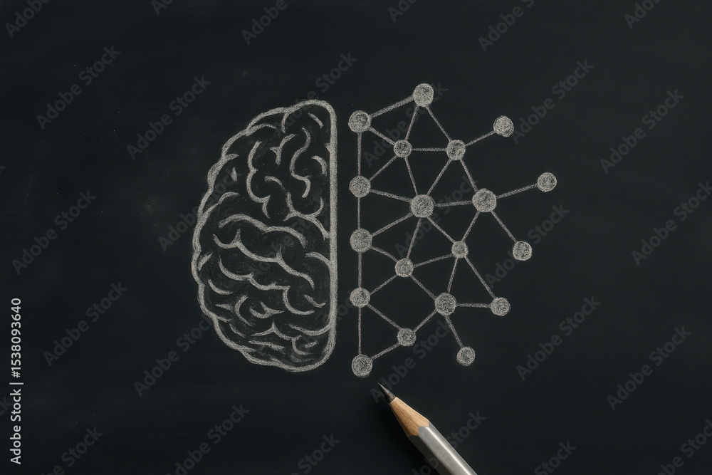 Poster brain and network connection drawing on blackboard with pencil, symbolizing intelligence and technol