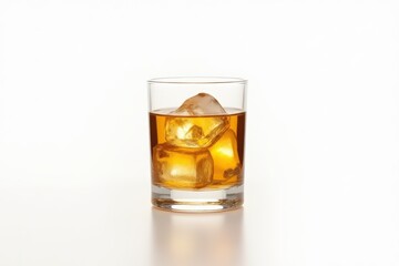 Old fashioned glass with whiskey and ice cubes on white.