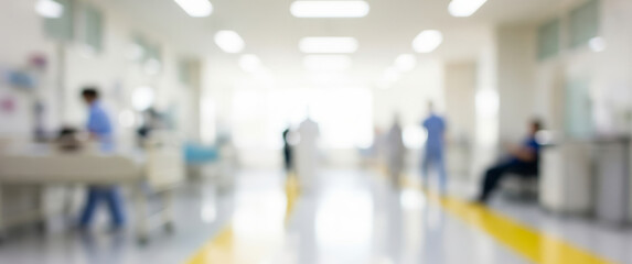 Fototapeta premium Blurred hospital hallway with people and medical equipment in a bright setting.
