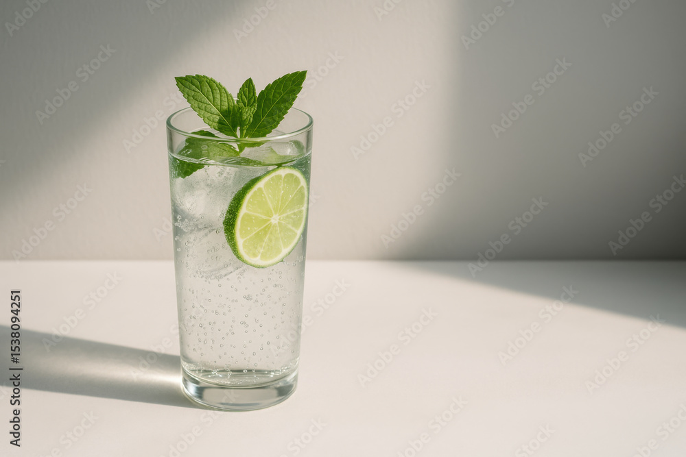 Poster refreshing lime and mint drink in clear glass with ice cubes and bubbles, placed on white surface wi