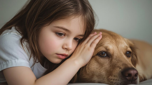 Emotional support scene with child and dog — a girl with Rett syndrome finds connection through gentle touch - Powered by Adobe