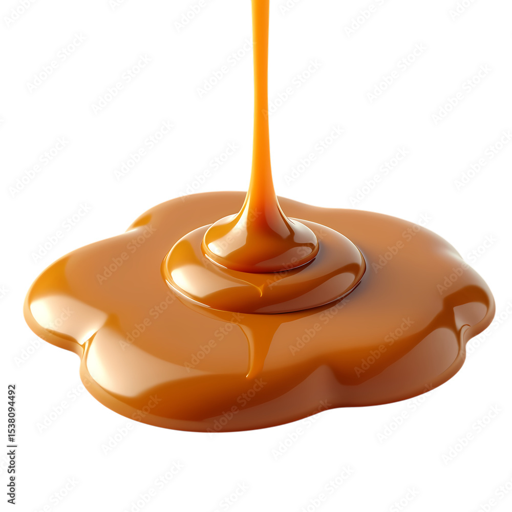 Poster a stream of caramel pouring onto a pool of caramel isolated on transparent background