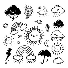 A creative collection of interesting weather doodles with simple style and white background.