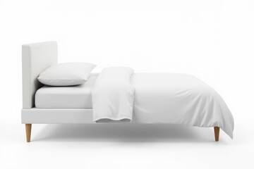 Studio shot of a white single bed with a cotton duvet cover isolated on white background