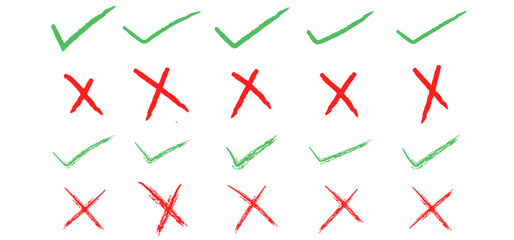 Check marks doodle set. Vote, yes, no, checkbox, checklist, tick mark in green and cross mark in red signs, v and x drawn concept. Hand drawn doodle sketch style vector illustration, brush drawing.
