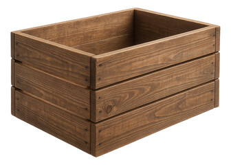 Wooden storage crate made from natural planks with visible grain and joined with screws on transparent background.