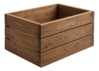 Wooden storage crate made from natural planks with visible grain and joined with screws on transparent background.
