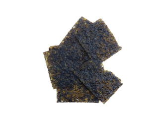 Stacked roasted seaweed snack sheets on a white background, close-up food detail.
