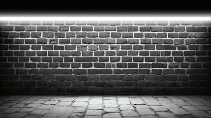 Dark brick wall and floor with bright light above creating a spotlight effect.