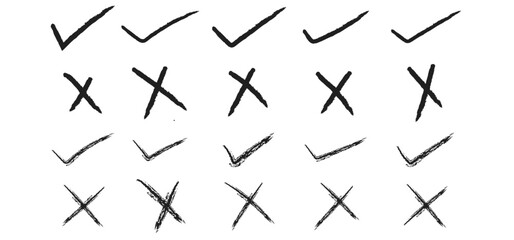 Check marks doodle set. Vote, yes, no, checkbox, checklist, tick mark in green and cross mark in red signs, v and x drawn concept. Hand drawn doodle sketch style vector illustration, brush drawing.