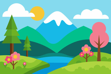 Fototapeta premium Flat design spring landscape with lake and mountains