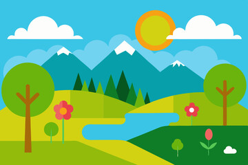Fototapeta premium Flat design spring landscape with lake and mountains