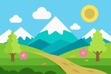 Fototapeta premium Flat design spring landscape with lake and mountains