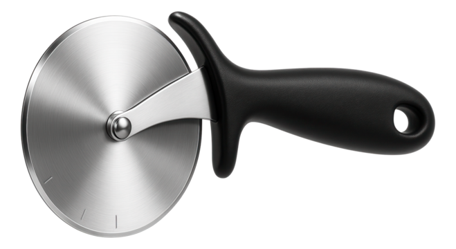 Stainless steel pizza cutter with a sharp circular blade and ergonomic black handle on transparent background.