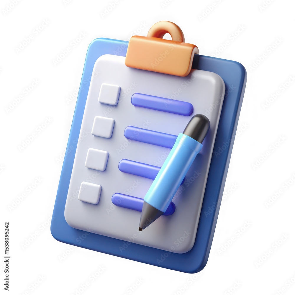 Poster 3d render checklist clipboard and pen isolated on transparent background
