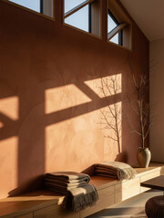 Sunlit minimalist interior with warm terracotta wall, folded blankets, and bare branches in a ceramic vase, creating a cozy and serene atmosphere