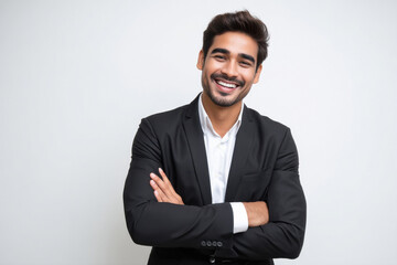 young indian businessman wearing black suit standing on white background